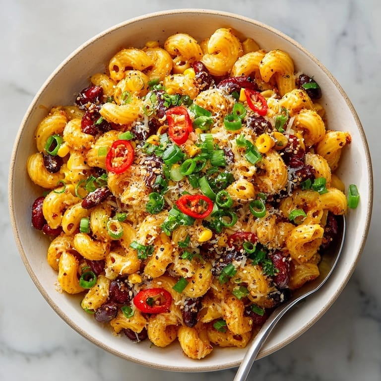 Scoop of Korean-Style Honey Butter Corn Chili Mac with a sprinkle of sesame seeds and fresh green onions.
