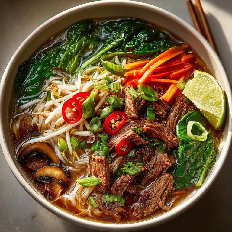 Aromatic broth surrounds the beef and veggie toppings in these flavorful Vietnamese Pho-Inspired Beef Bowls.