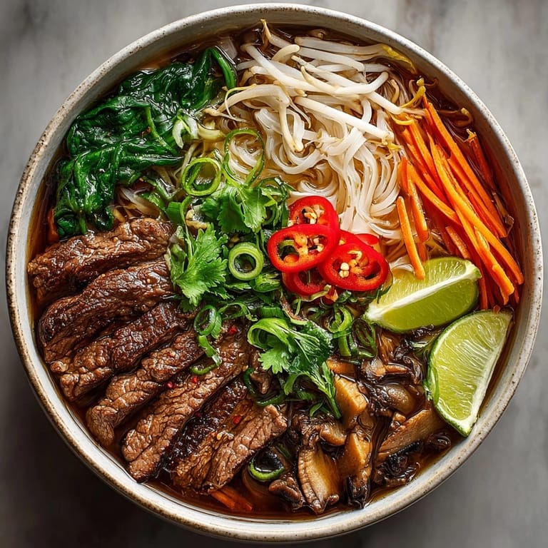 Beautifully arranged Vietnamese Pho-Inspired Beef and Veggie Bowls ready to be enjoyed with hoisin and Sriracha.