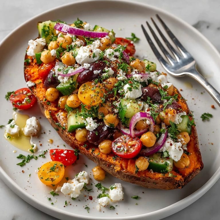 A healthy, vibrant plate of Mediterranean stuffed sweet potato boats, a delicious vegetarian meal idea.