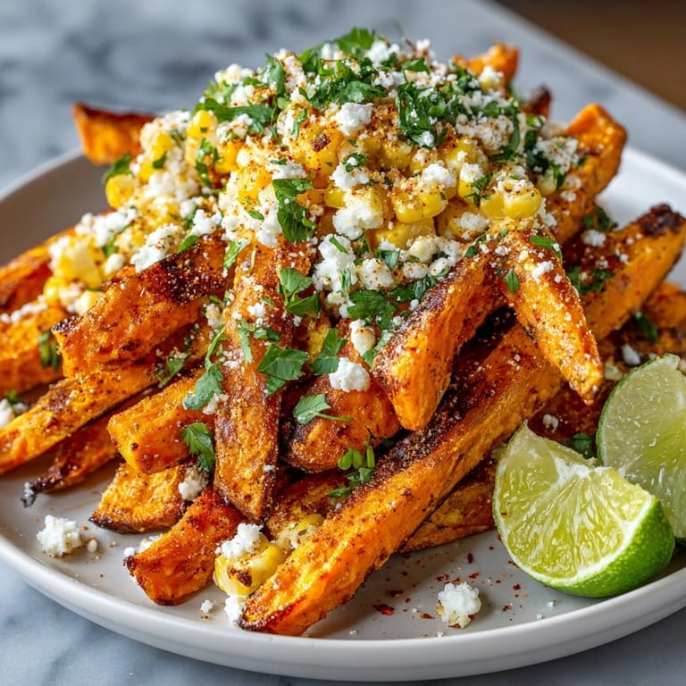 Close-up of Mexican Street Corn Loaded Sweet Potato Fries showcasing vibrant corn and crumbled cheese with herbs.