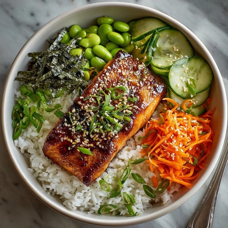 Flaky, caramelized teriyaki salmon atop perfectly cooked rice, served in bowls with vibrant vegetable toppings.
