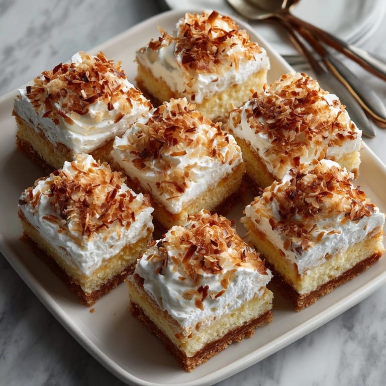 A close-up view of rich Coconut Cream Pie Bars with coconut flakes, so tempting and delicious.