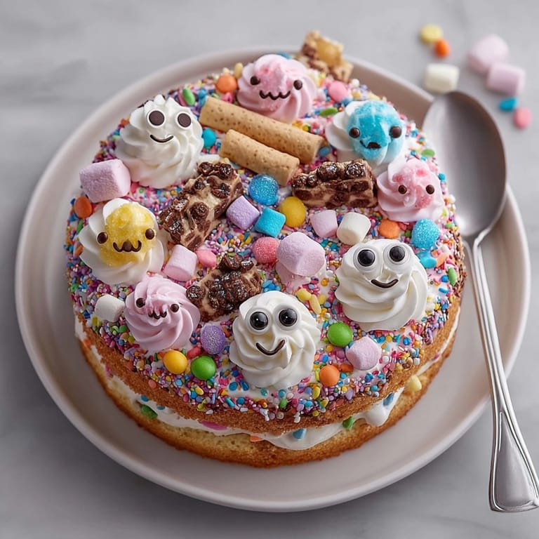 This delicious Chaos Cake image shows a multi-layered dessert brimming with silly and fun decorations.