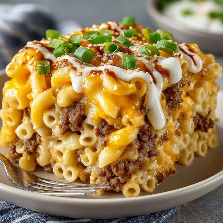 This photo shows a delicious bowl of Burger Mac and Cheese, complete with special sauce and toppings.