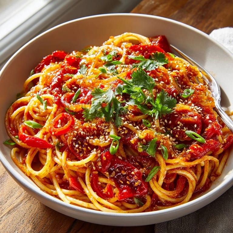 Hearty Lunar New Year Pasta with Lucky Red Sauce, garnished with fresh herbs and toasted sesame seeds.