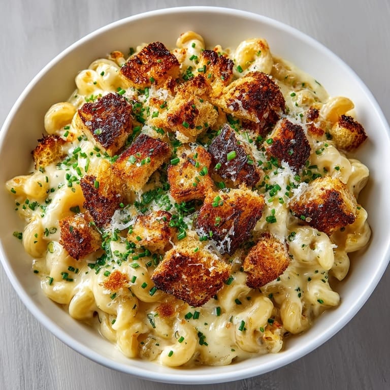 A close-up of Grilled Cheese Pasta, showing the creamy texture with plenty of crispy, buttery crouton clusters.