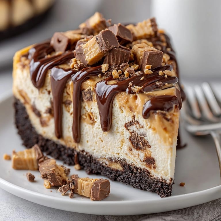 Creamy Peanut Butter Cup Cheesecake on a chocolate cookie crust, ready to slice and serve.