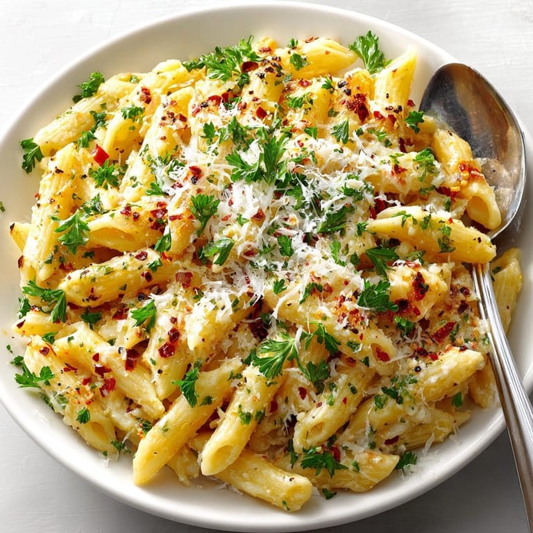 Close-up of creamy garlic penne pasta, coated in rich Parmesan sauce, ready to enjoy for dinner.