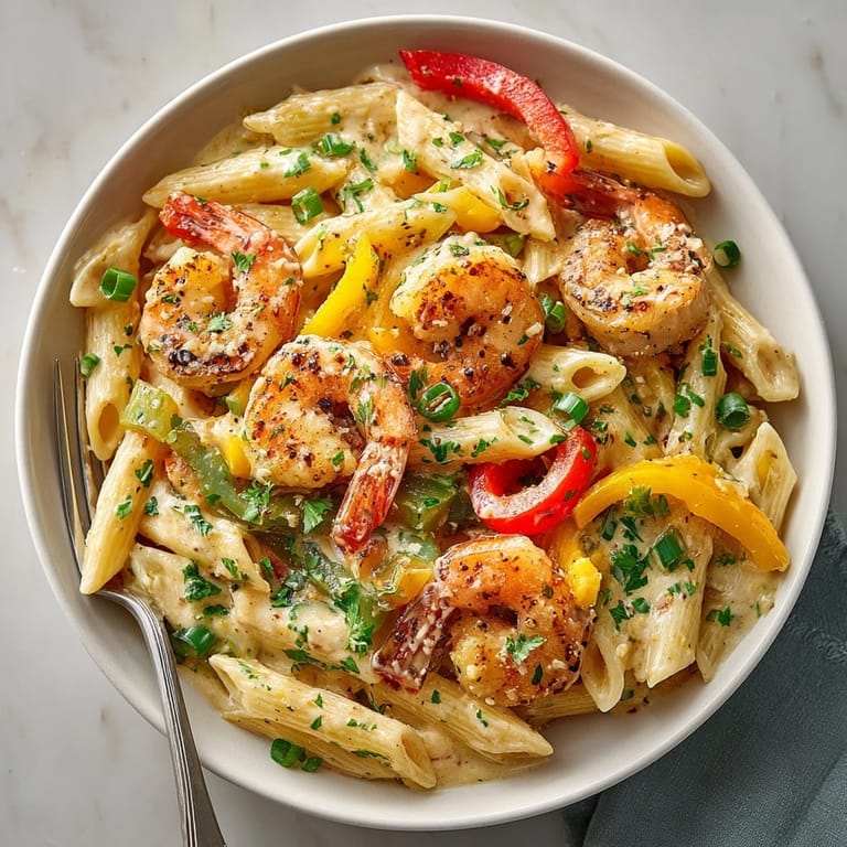 Jerk-seasoned shrimp atop Creamy Jamaican Shrimp Rasta Pasta, served hot with Parmesan and herbs