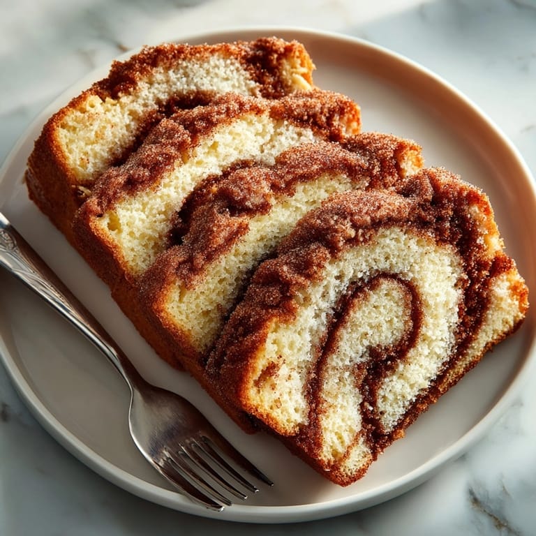 Moist cinnamon donut bread sliced and ready to serve as a sweet breakfast treat