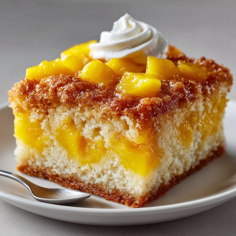 Freshly baked Mango Dump Cake, fragrant and gooey, cooling in a rustic American kitchen setting