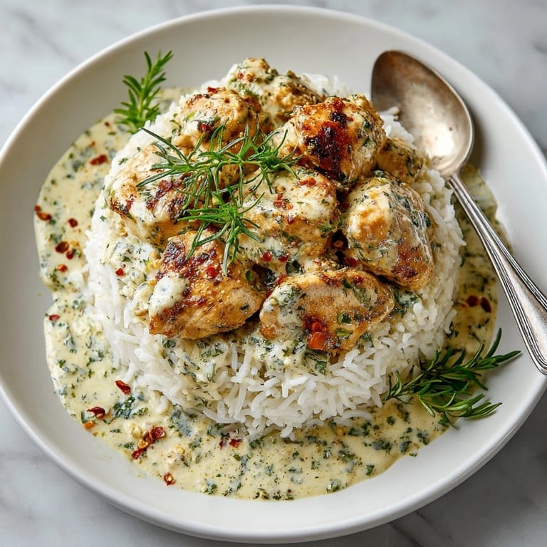 Close-up of Creamy Herb Chicken & Basmati Rice, showcasing rich sauce and tender bites.