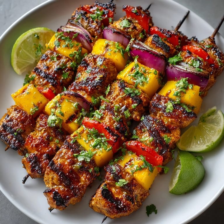Juicy Mango Lime Chicken Skewers served on a platter, garnished with cilantro and fresh lime wedges.
