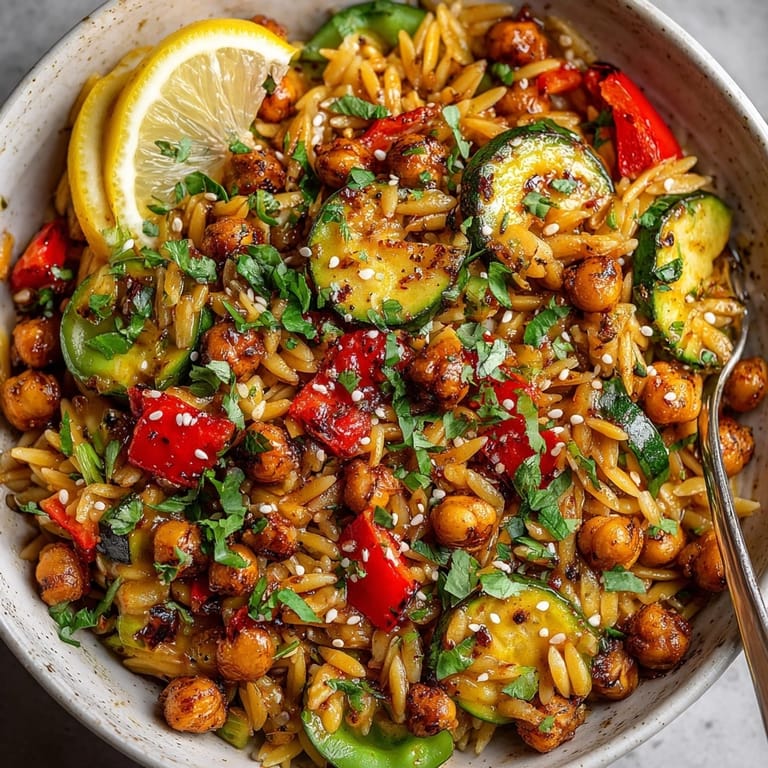 Colorful Spicy Garlic Chickpea Orzo Stir-Fry served warm, featuring crispy chickpeas and fresh lemon wedge.