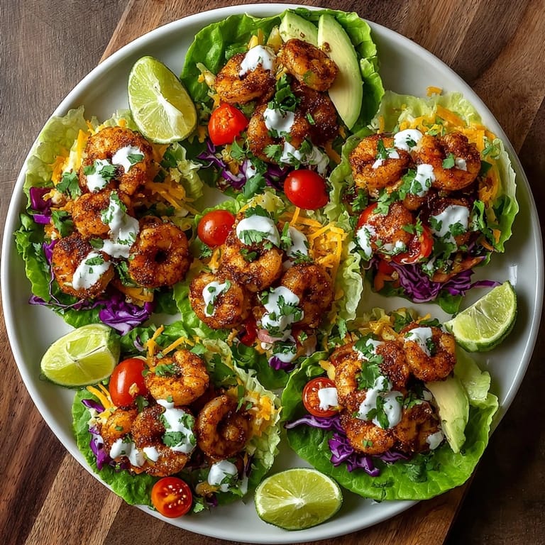 Close-up of shrimp taco lettuce wraps with vibrant toppings, ideal for a light, gluten-free meal.