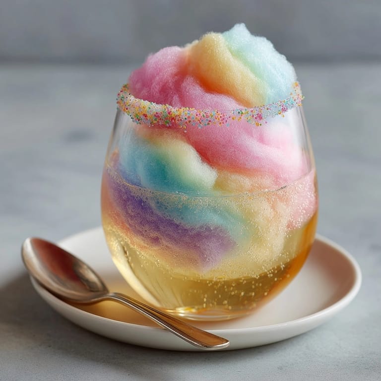 Close-up view of the layered Hocus Pocus Cotton Candy Cocktail dissolving cotton candy magic.