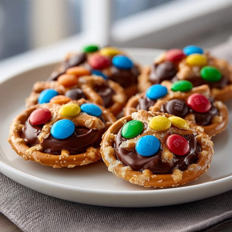 A batch of Holiday Pretzel Hugs cooling, colorful candies atop melted Hershey's Hugs.