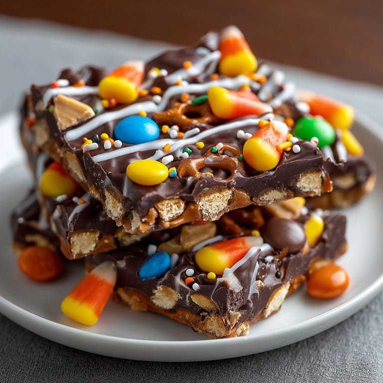 Homemade Halloween Candy Bark is broken into pieces, ready to serve at a festive dessert table.