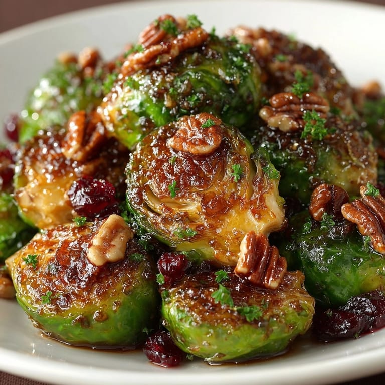 Golden brown Cranberry-Glazed Brussels Sprouts with Pecans, a sweet and savory Thanksgiving side.