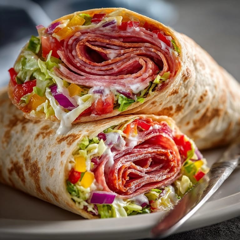 Savory Italian Grinder Salad Wrap, layered with meats and cheese, overflowing from a tortilla.