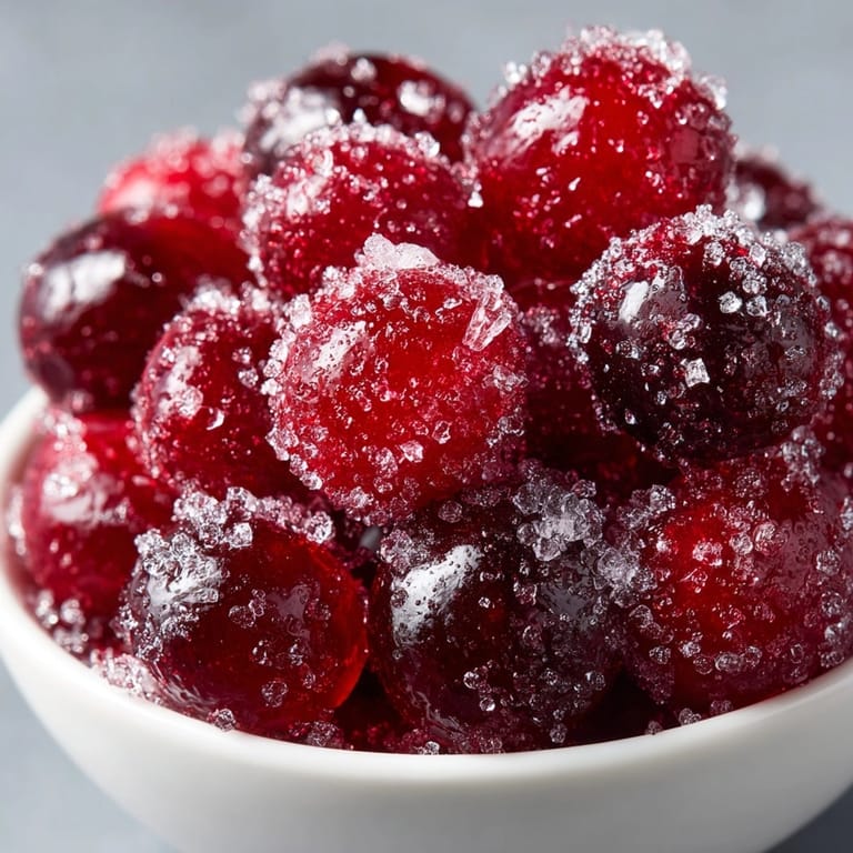 Homemade Candied Cranberry Snack, vibrant red jewels piled high and ready for snacking.