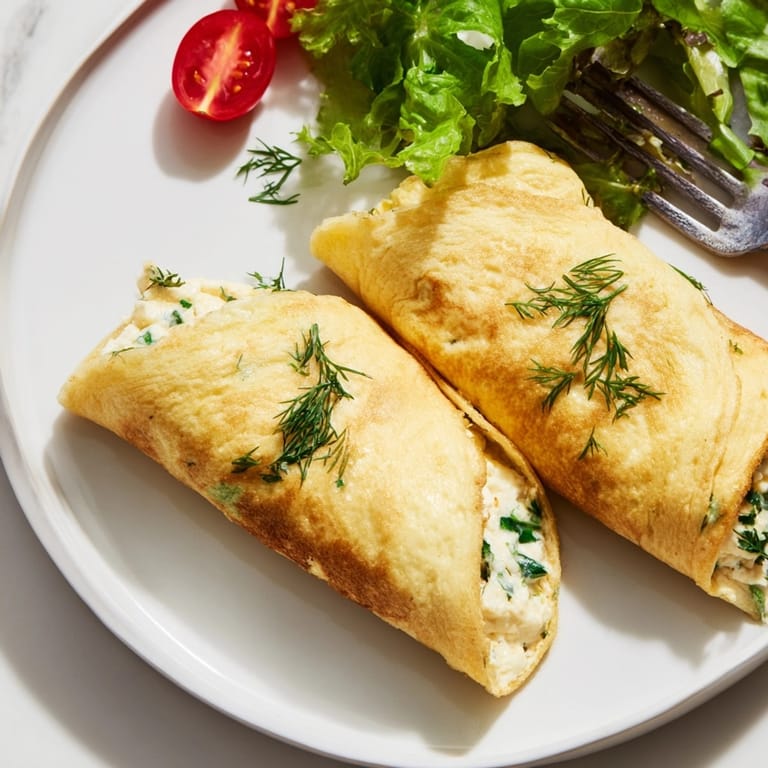 Making Ricotta Herb Omelette Wraps: eggs sizzling in a pan, filling a wrap.