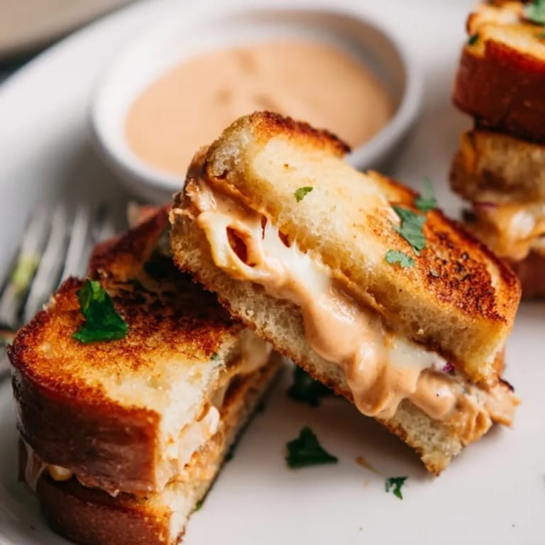 Close up of gooey Thai Peanut Grilled Cheese Sticks, ready for dipping in peanut sauce.