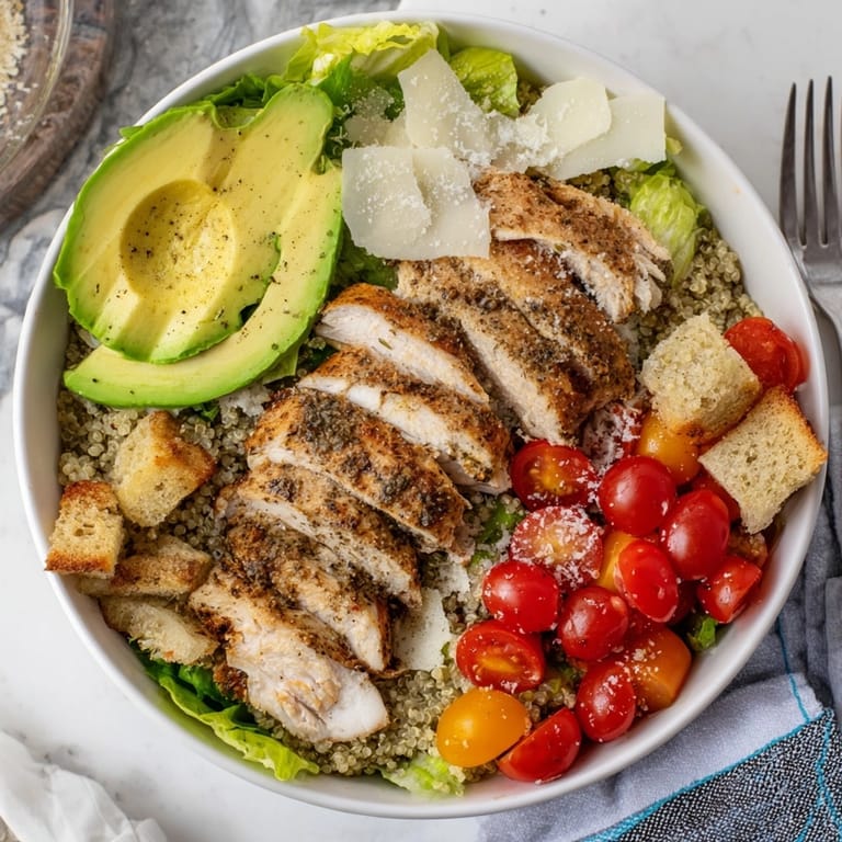 Creamy Avocado Chicken Caesar Grain Bowl: See tender chicken and fresh toppings layered invitingly.