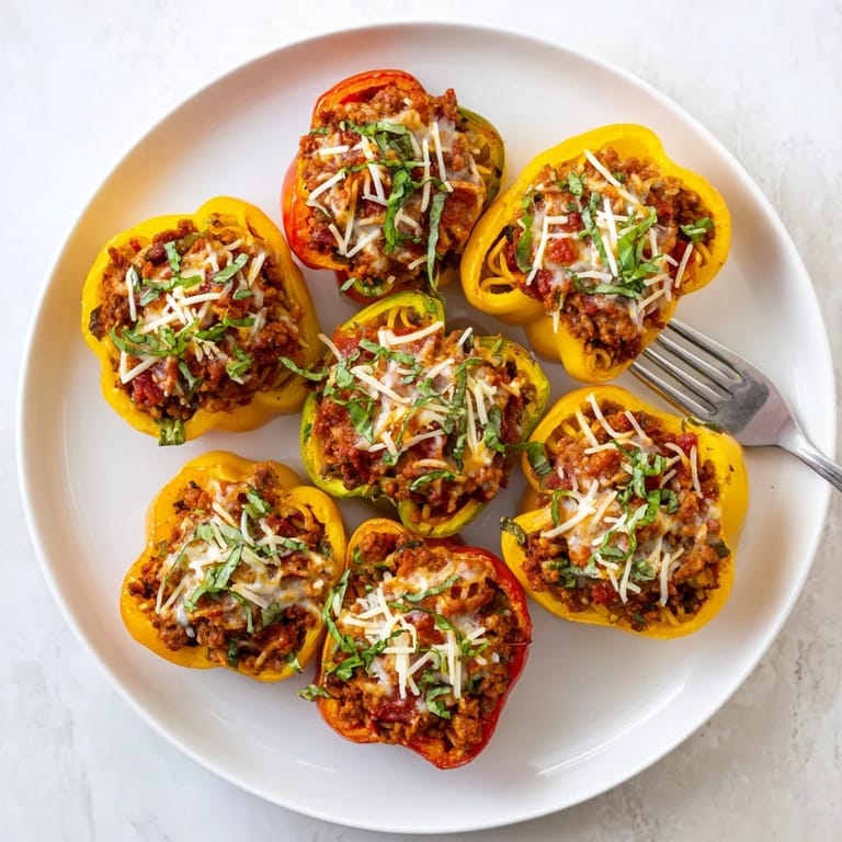 Delicious lasagne soup-stuffed mini peppers, bubbling with Italian flavors and herbs.