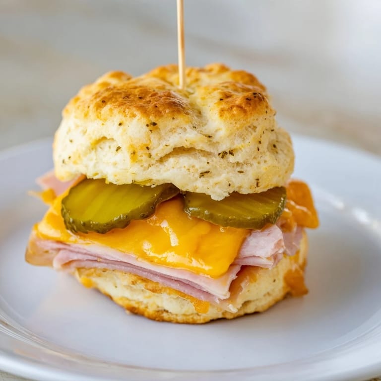 Savory Cheesy Pickle Ham Biscuit Pops invitingly arranged for party appetizers.