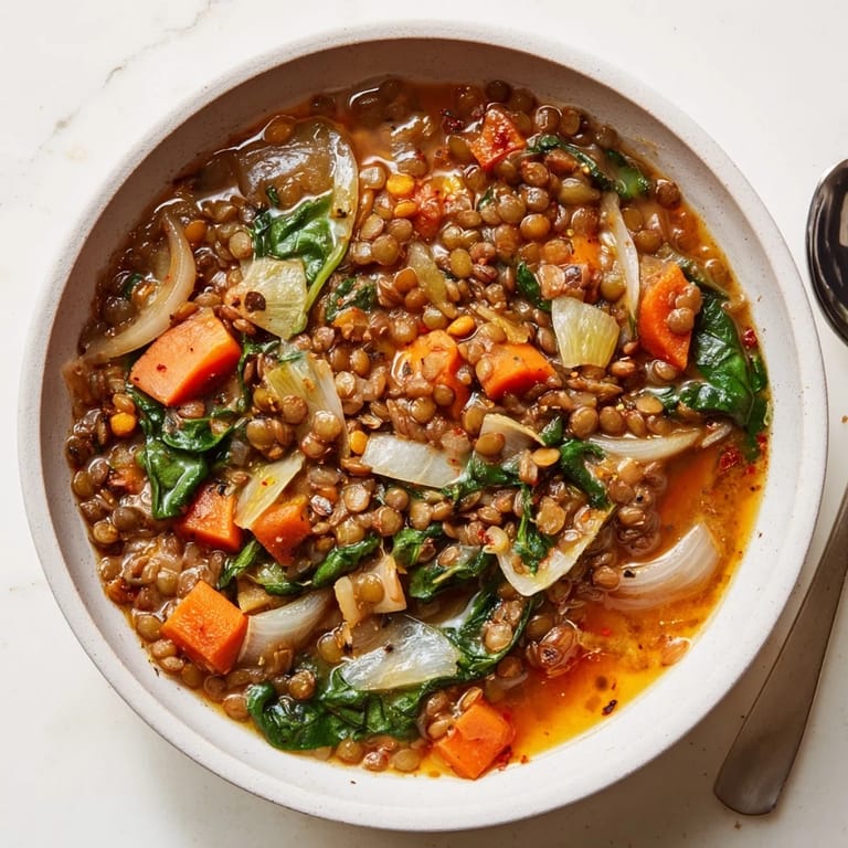 Hearty Quick Vegan Lentil Stew garnished with spinach and served with crusty bread.
