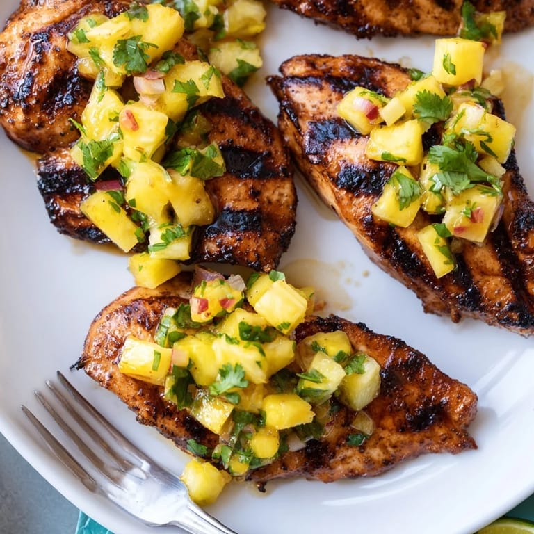 Tender Tropical Pineapple Salsa Chicken infused with citrus and served on a warm plate.