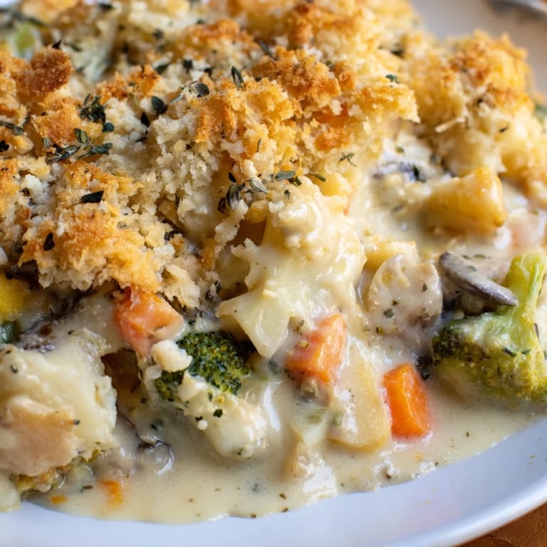 Delicious creamy winter vegetable casserole, featuring colorful veggies and golden breadcrumb topping.  