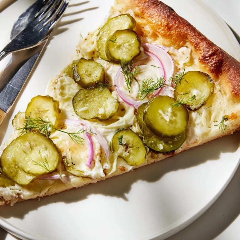 Tangy pickle pizza with melted cheese and crunchy dill, ideal for sharing.