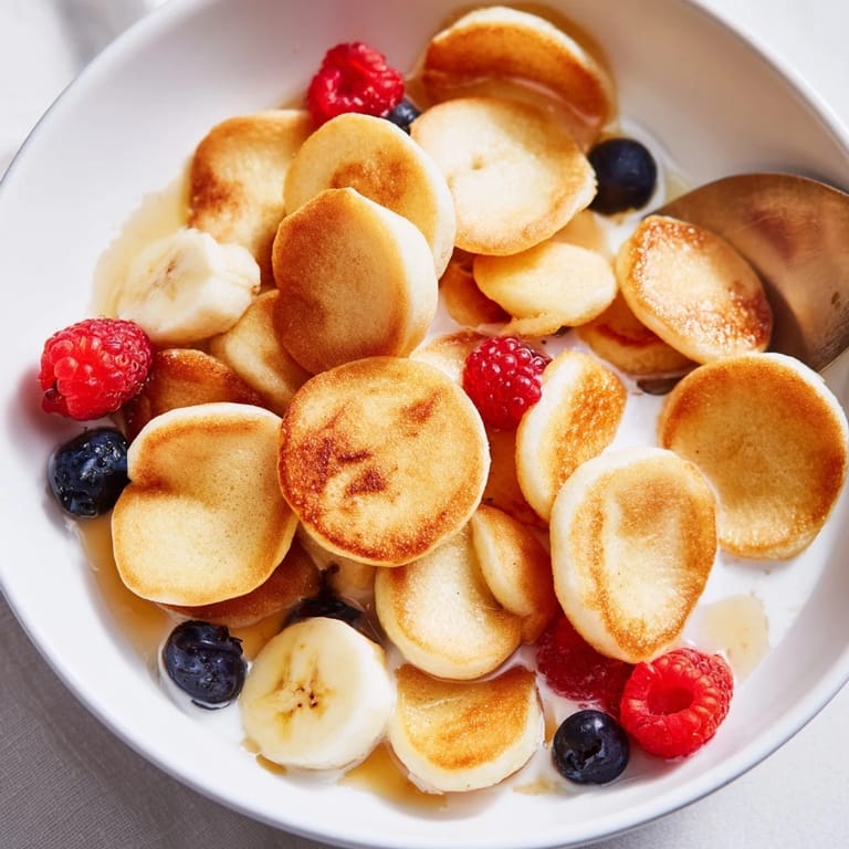 Fluffy mini pancakes served like cereal, perfect for a fun breakfast treat.