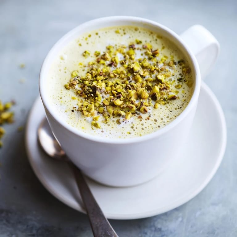 Delicious homemade pistachio milk latte, garnished with nuts for added texture.