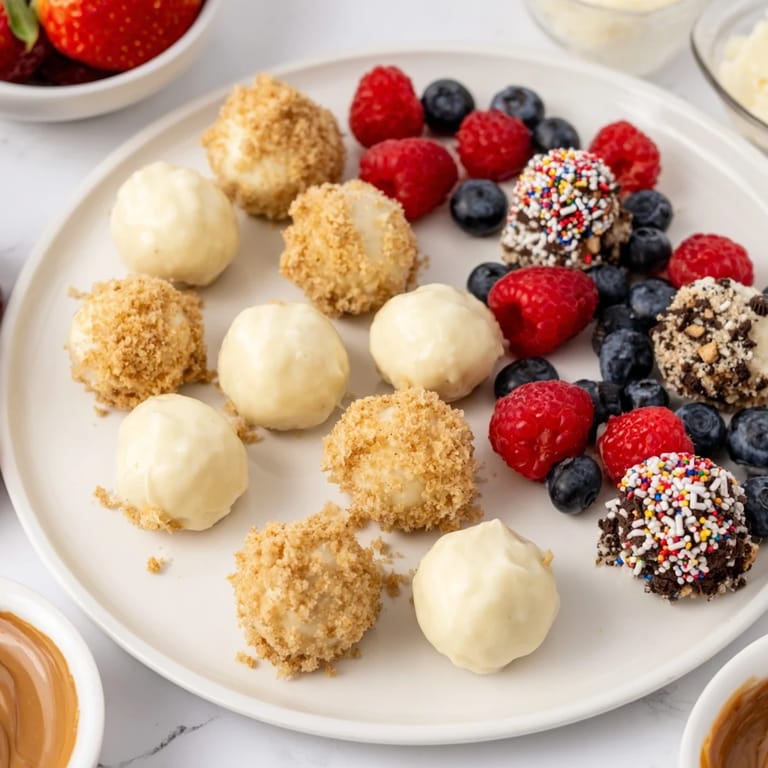 Creamy cheesecake bites arranged with fresh berries and drizzles for a delightful treat.  