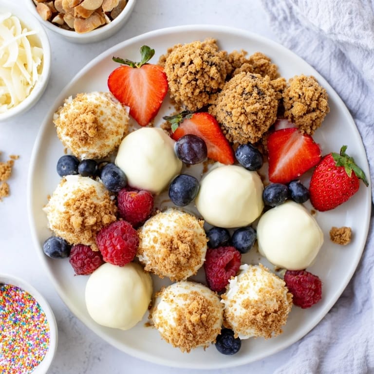 Inviting dessert board showcasing rich cheesecake bites and colorful toppings for everyone.