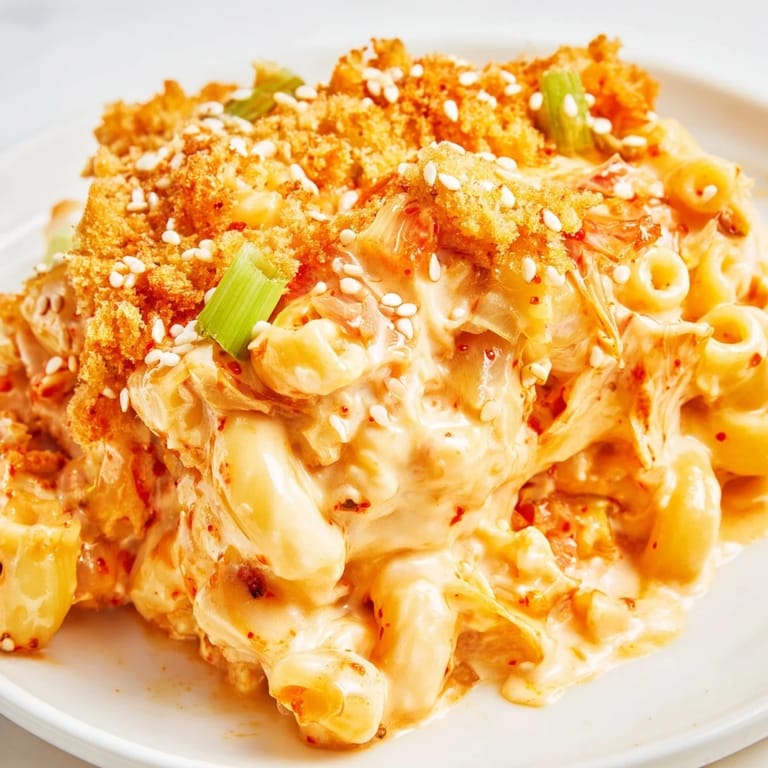 Creamy Spicy Kimchi Mac & Cheese baked to golden perfection, perfect for flavorful comfort food.