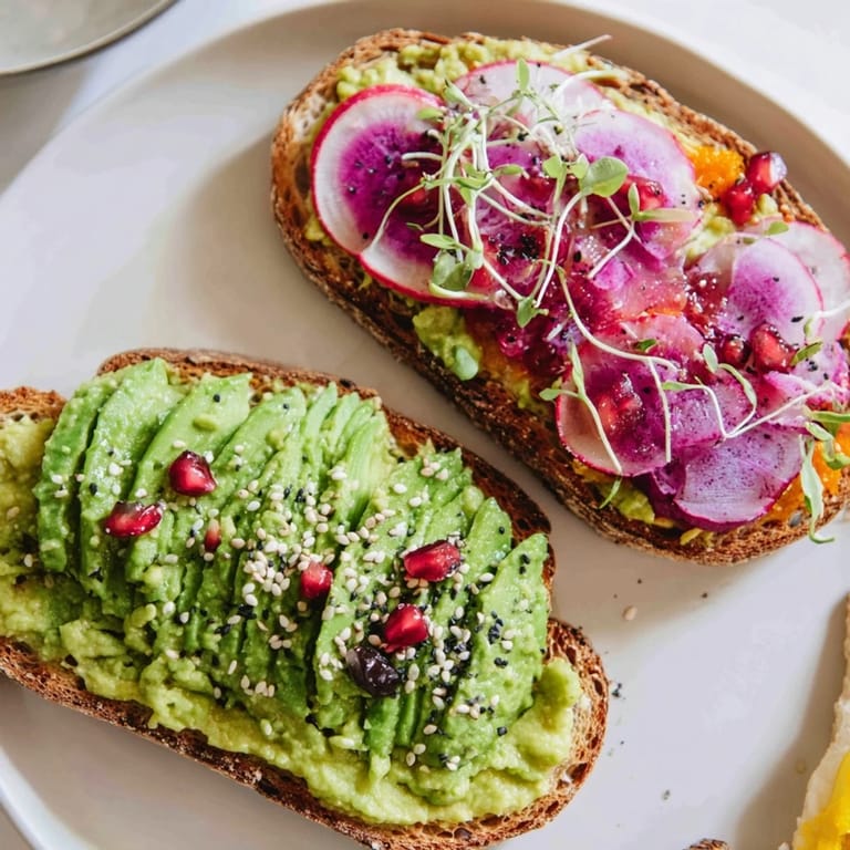 Colorful breakfast toasts featuring creamy ube spread, ripe avocado, and pomegranate seeds.  