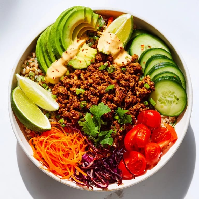 Hearty plant-based meat bowl featuring fresh ingredients and spicy mayo drizzle.