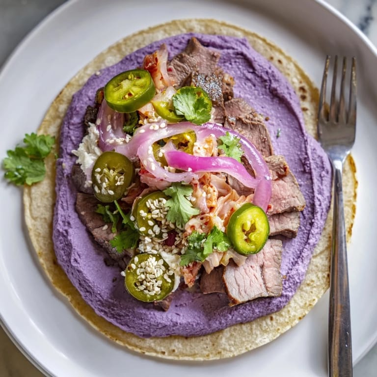 Deliciously vibrant Global Street-Food Fusion Tacos served with kimchi and crispy vegetables.