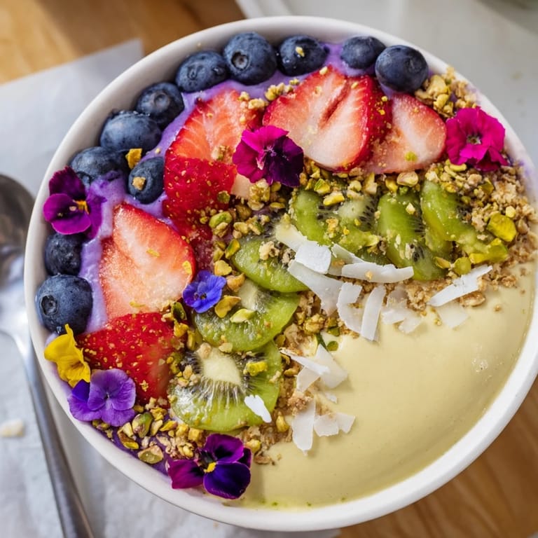 Vibrant smoothie bowls featuring purple yam and pistachio for a delightful morning treat.  
