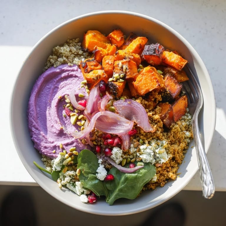 Nutrient-rich spiced winter bowls topped with crunchy pistachio-maple crumble and greens.  
