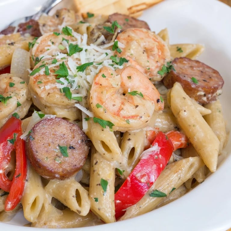 Sizzling Cajun Sausage & Shrimp Alfredo Pasta Skillet with vibrant colors and rich flavors.  
