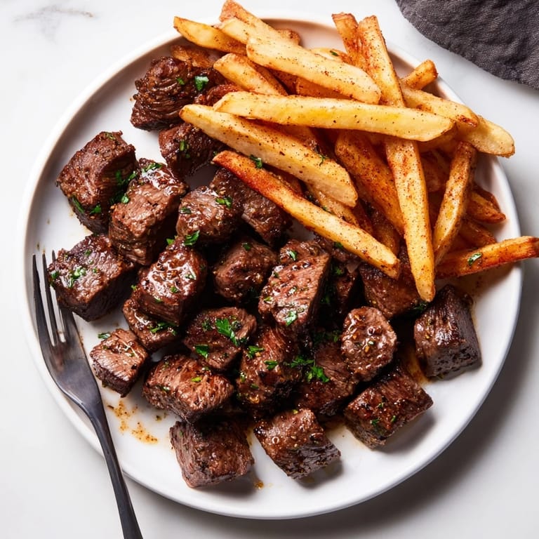 Delicious Blackened Cajun Steak Bites with aromatic spices, paired with seasoned fries.