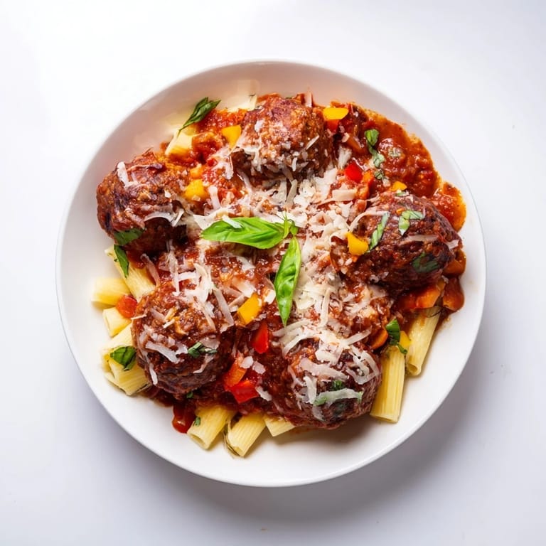 A comforting, flavorful Italian Meatball Pasta Skillet in a skillet, ready for a delicious dinner.