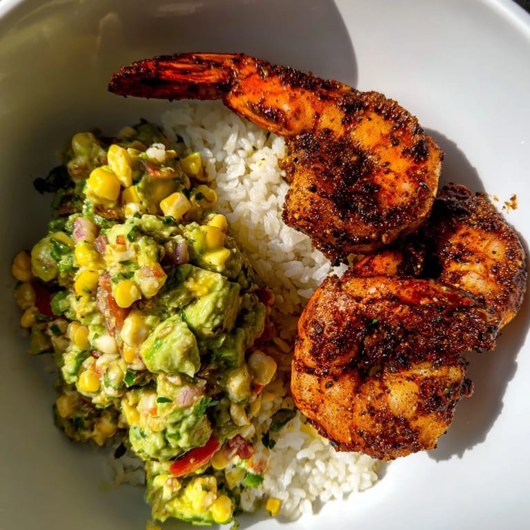 A close-up of a delicious Blackened Shrimp Bowl, bursting with colorful ingredients and flavors.