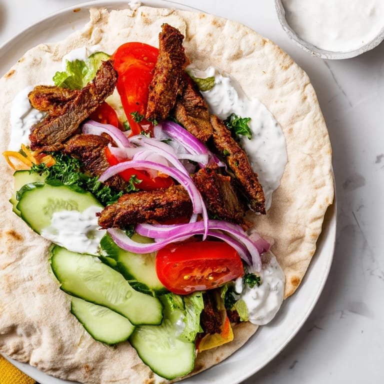 A close-up of delicious beef shawarma wraps, showcasing colorful veggies and a flavorful meal.